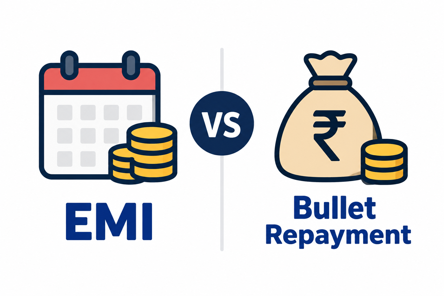 EMI vs bullet repayment comparison showing monthly instalments and lump-sum loan repayment.